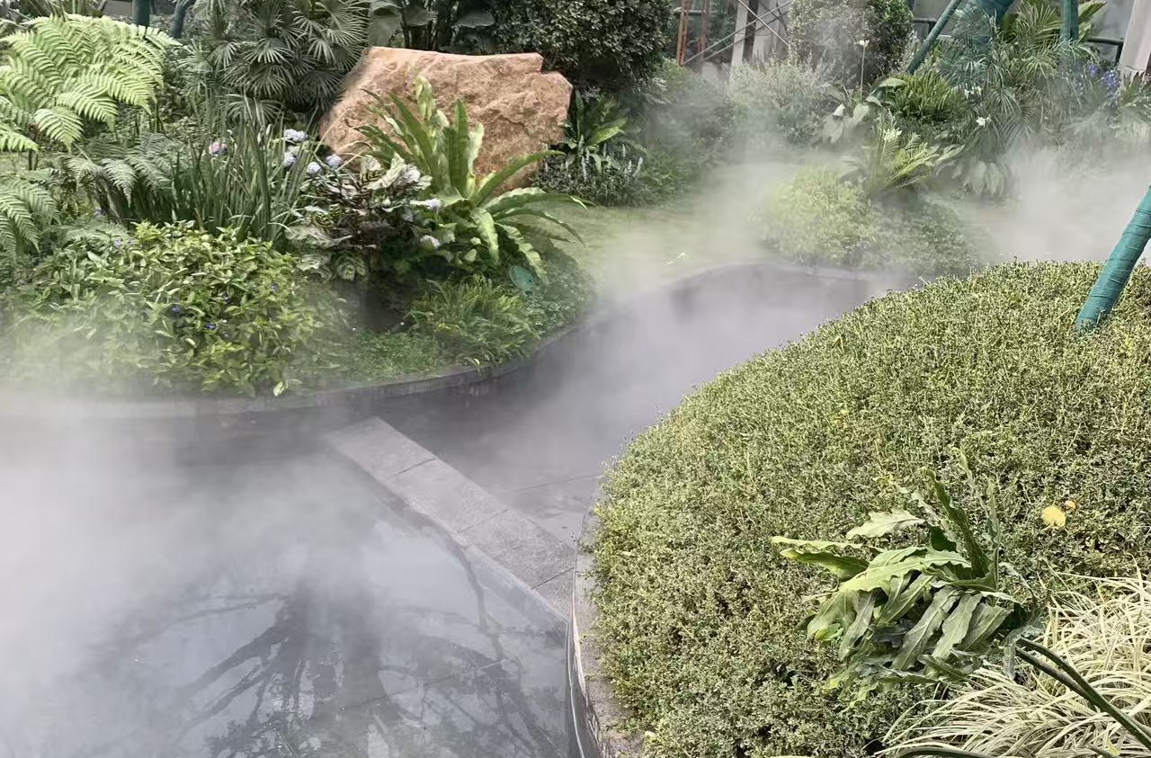 Garden planting area covered by fine landscape fog